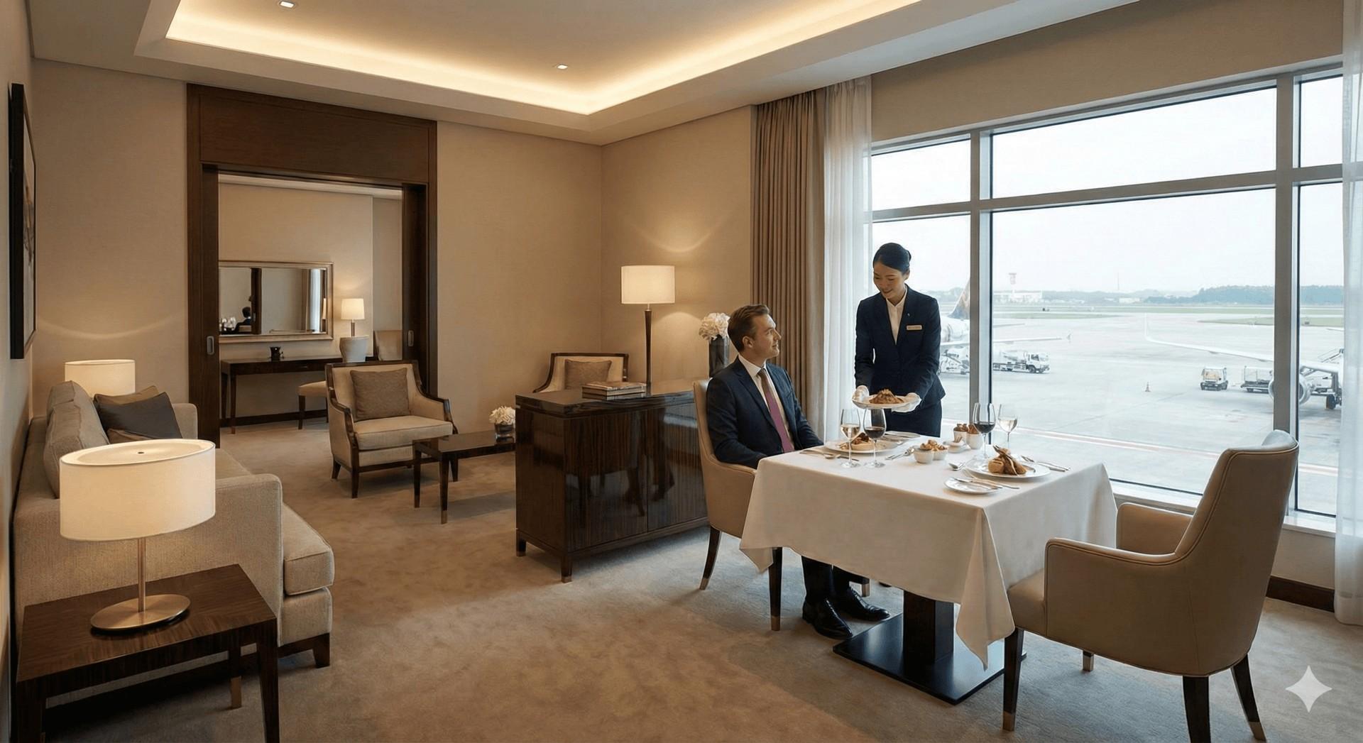 man dining in airport lounge restaurant