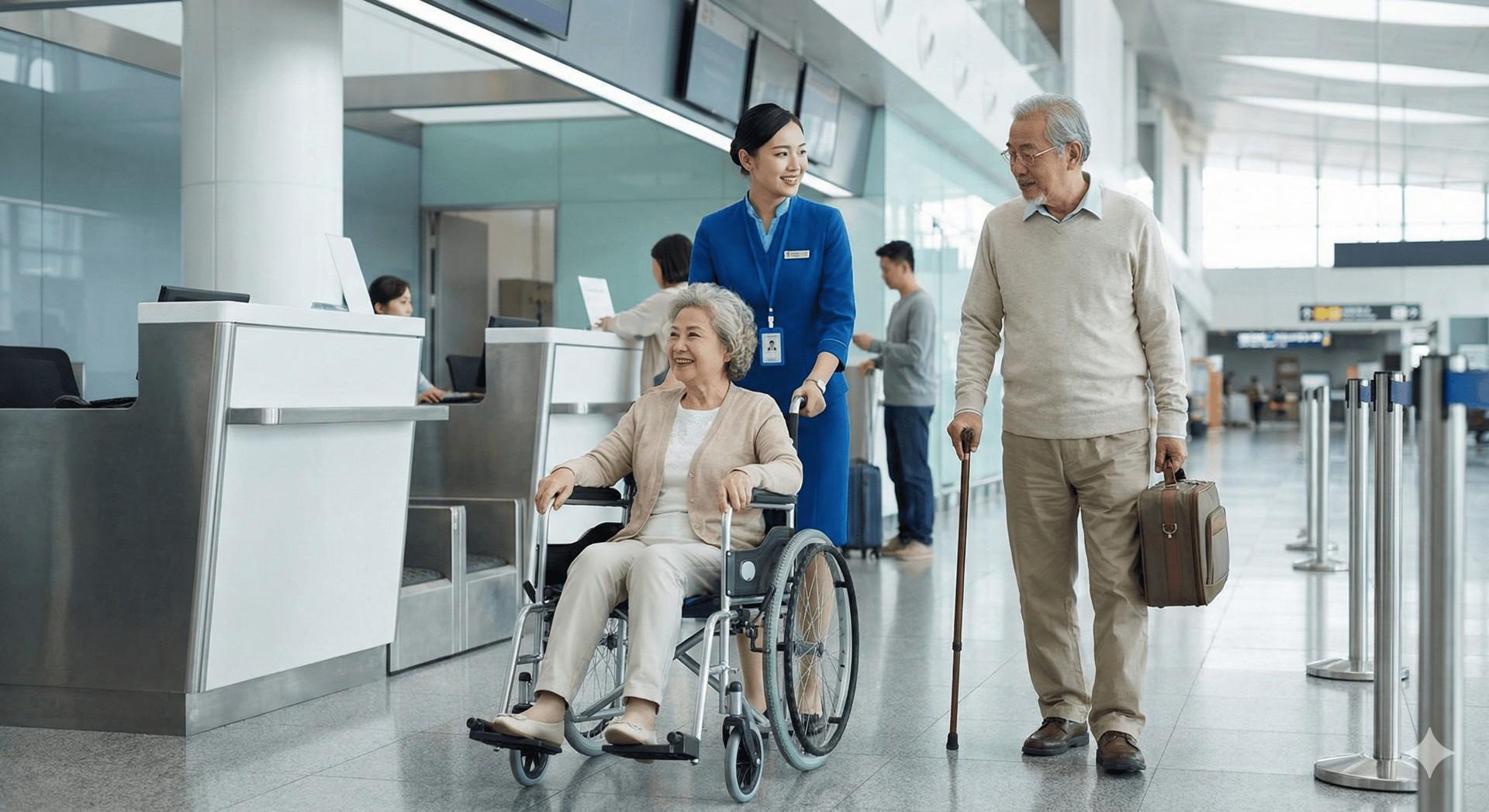 elderly grandma on whhelchair in airport accompanied by employee and husband