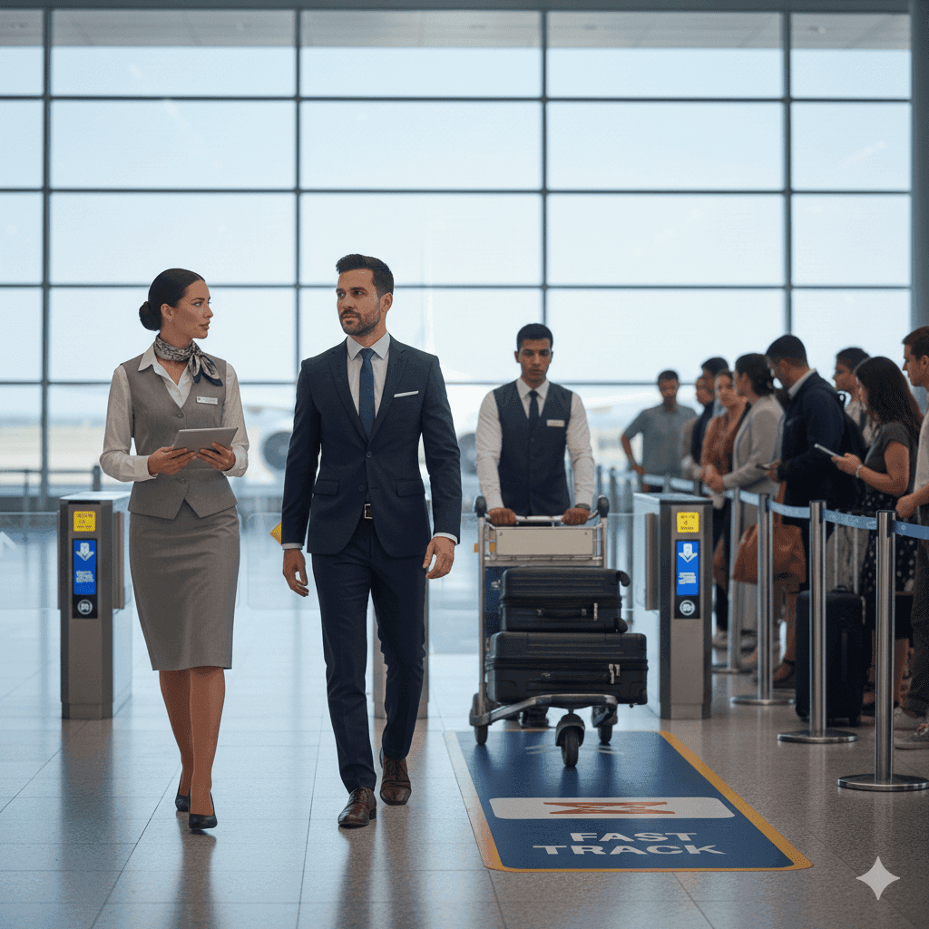executive and airport assistants walking across the fast track line in airport with baggage cart